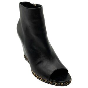 Chanel Black Leather Peep Toe Wedge Booties with Chain Detail
